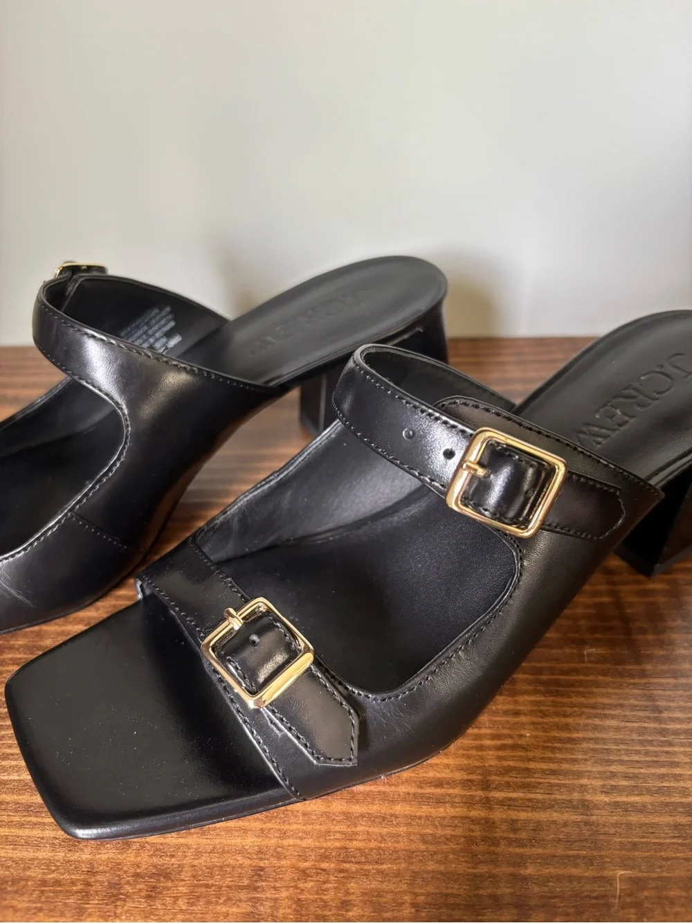 J. Crew Black Leather Double-Buckle Square-Toe Mules